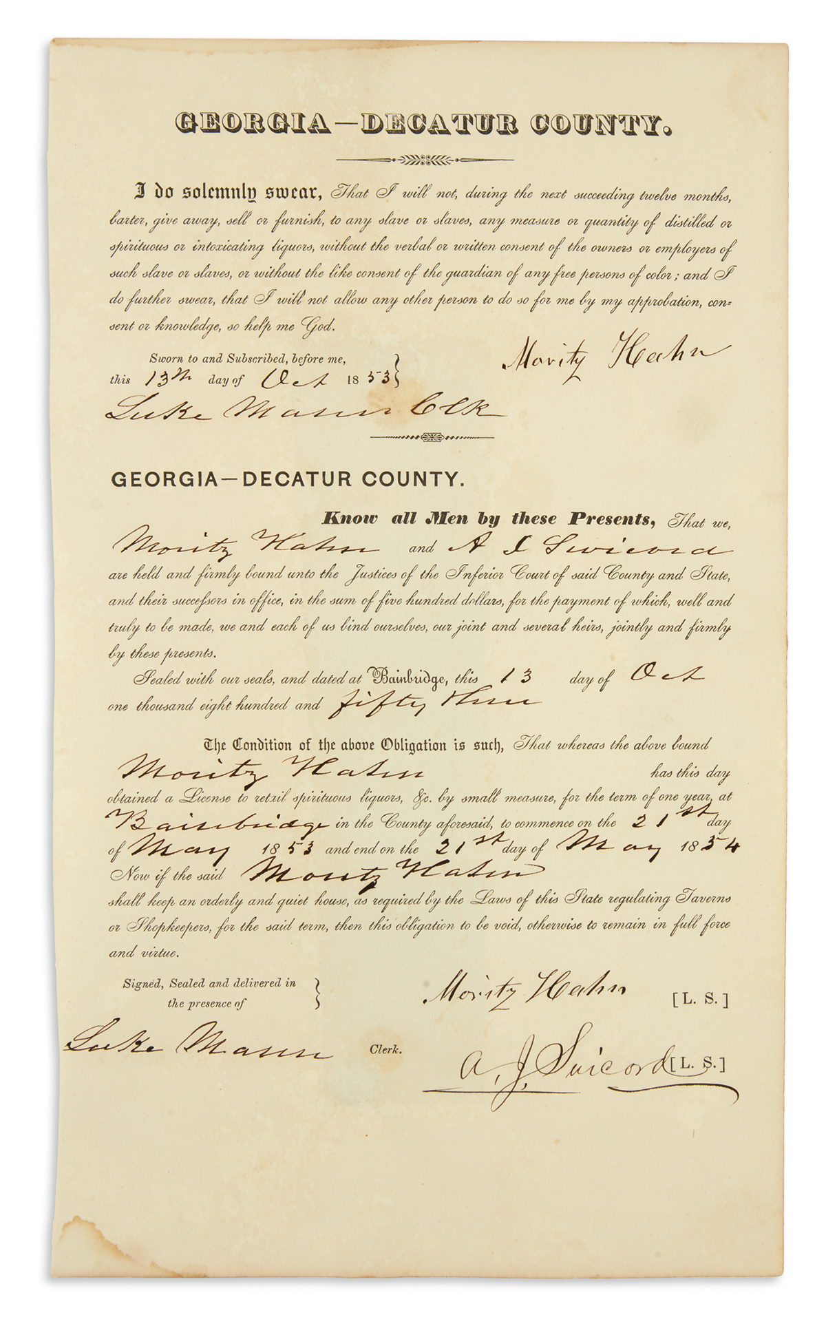 (SLAVERY AND ABOLITION.) Georgia tavern license forbidding sales to any slave or slaves.